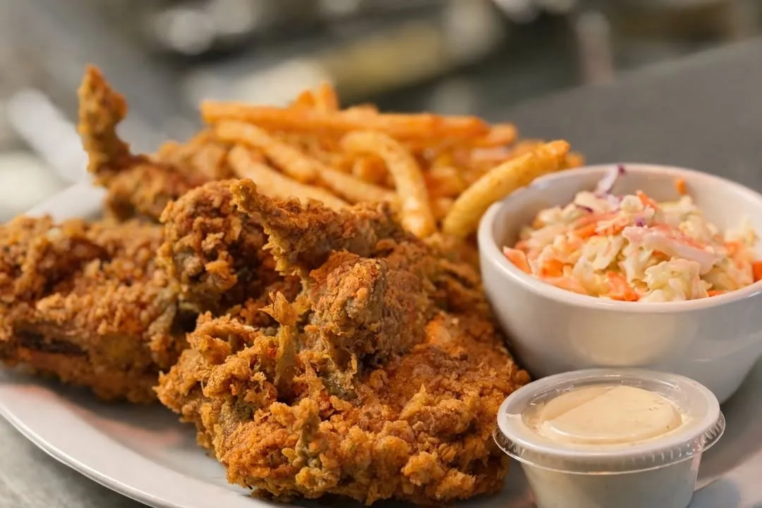 Crispy golden fried chicken with crinkle-cut fries, creamy coleslaw and a dipping sauce.